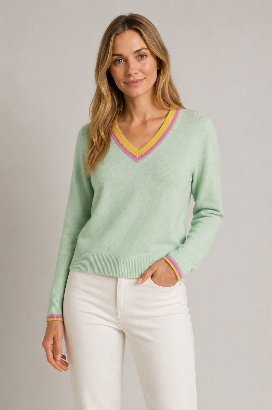 Minnie Rose 100% Cashmere Smiley V Neck Sweater Green S